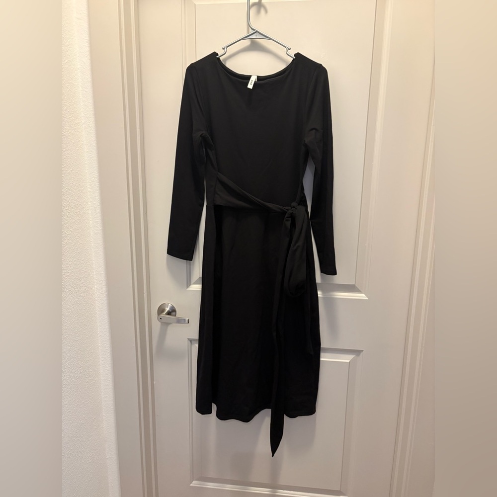 Pact Black Long-Sleeve Wrap Midi Dress Organic Cotton NWOT